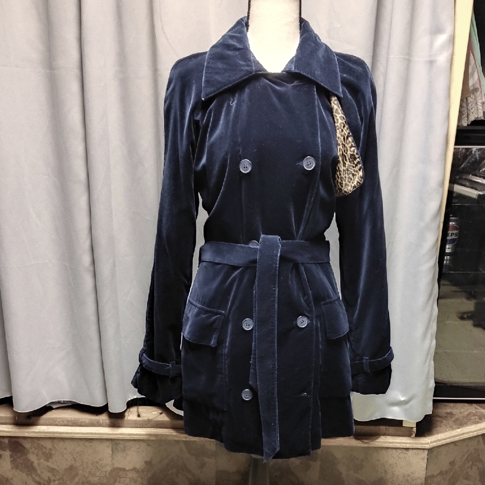 Newport News Dark Blue Trench Coat with Leopard Accent